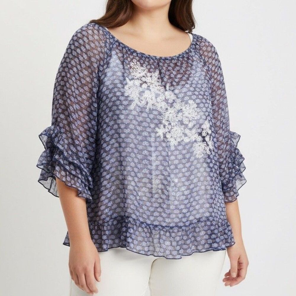 Democracy Sheer Top Plus Size 2X Ruffles Blue White Floral Flowy Blouse